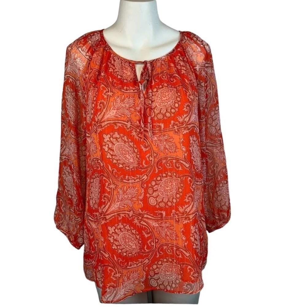 Rachel Roy Orange Metallic Print 3/4 Sleeve tie Neck Tunic Blouse